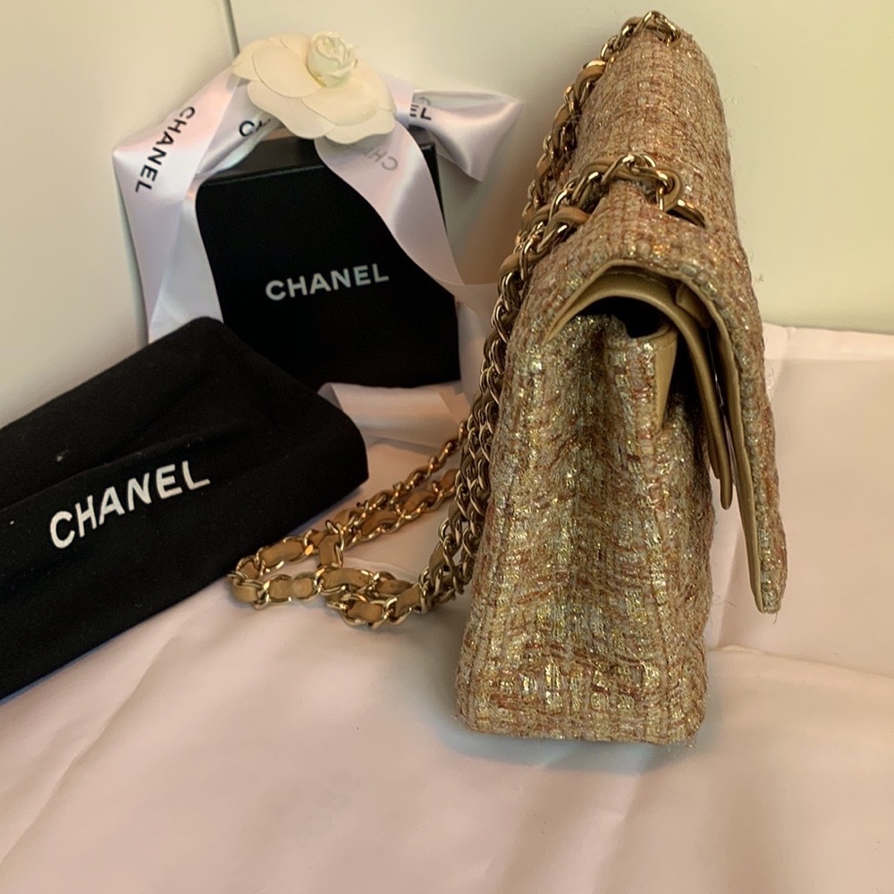 Vintage 🤎 CHANEL RARE Metallic Gold Silver Tweed Quilted 2.55 Double Flap Bag - Picture 12 of 16